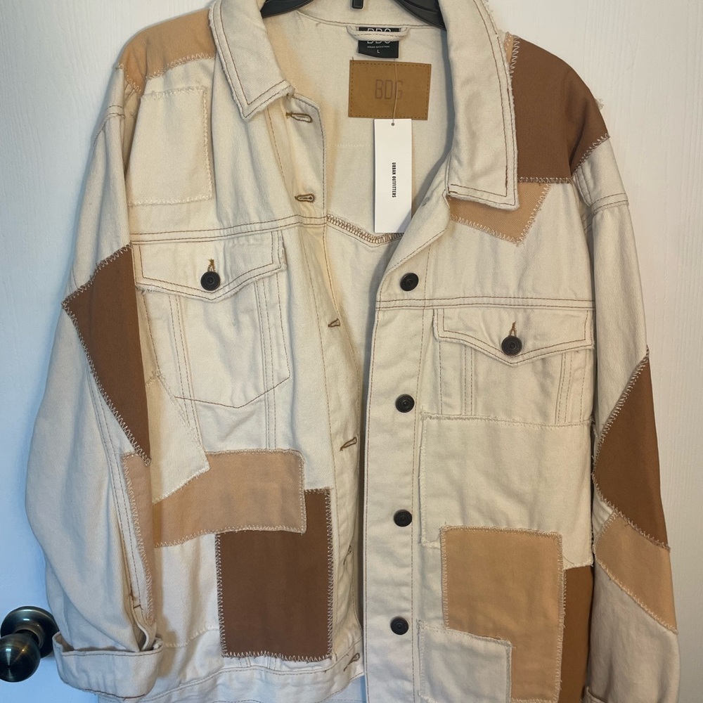 Urban Outfitters Cream and Brown Patch-work Jean Jacket